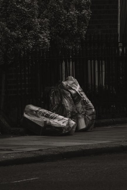 Two individuals standing on a city sidewalk near a stone building with ornate architectural details and large windows, with one person, dressed in dark clothing and carrying a backpack, walking past the other who is bent slightly forward. Nearby, organic waste and rubbish bags are piled against the base of the building, close to a metal drainpipe and a small sign attached to the wall. The scene is set in an urban environment with other buildings visible in the background, and the pavement shows a combination of concrete and stone, with a few scattered shadows cast by nearby structures. The arrangement suggests these individuals may be involved in or observing a waste collection or removal activity, typical of private rubbish handling services such as those offered by Waste Disposal Marylebone. The overall atmosphere is calm and functional, conveying a typical city street scene with a focus on waste accumulation near a commercial or office premises.